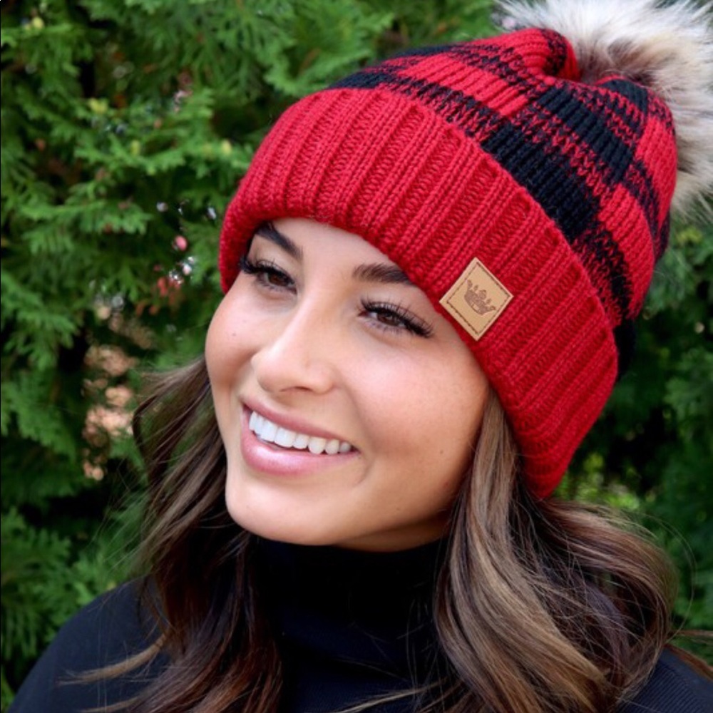 New Red Black Buffalo Plaid Panache Hat With Pom